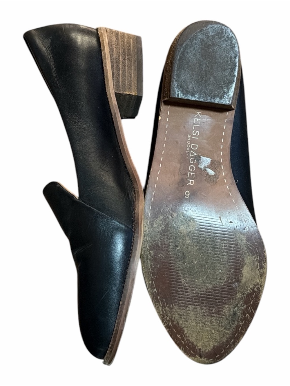 Kelsi Dagger Size 6 Black Brooklyn Leather Block Heel Loafers Pointed Toe KDB - Picture 3 of 5